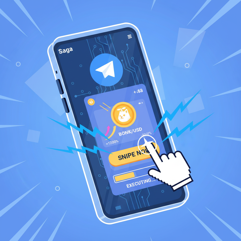 Telegram app on futuristic Saga phone sniping memecoin with BonkBot interface, speed lines, Solana lightning bolts