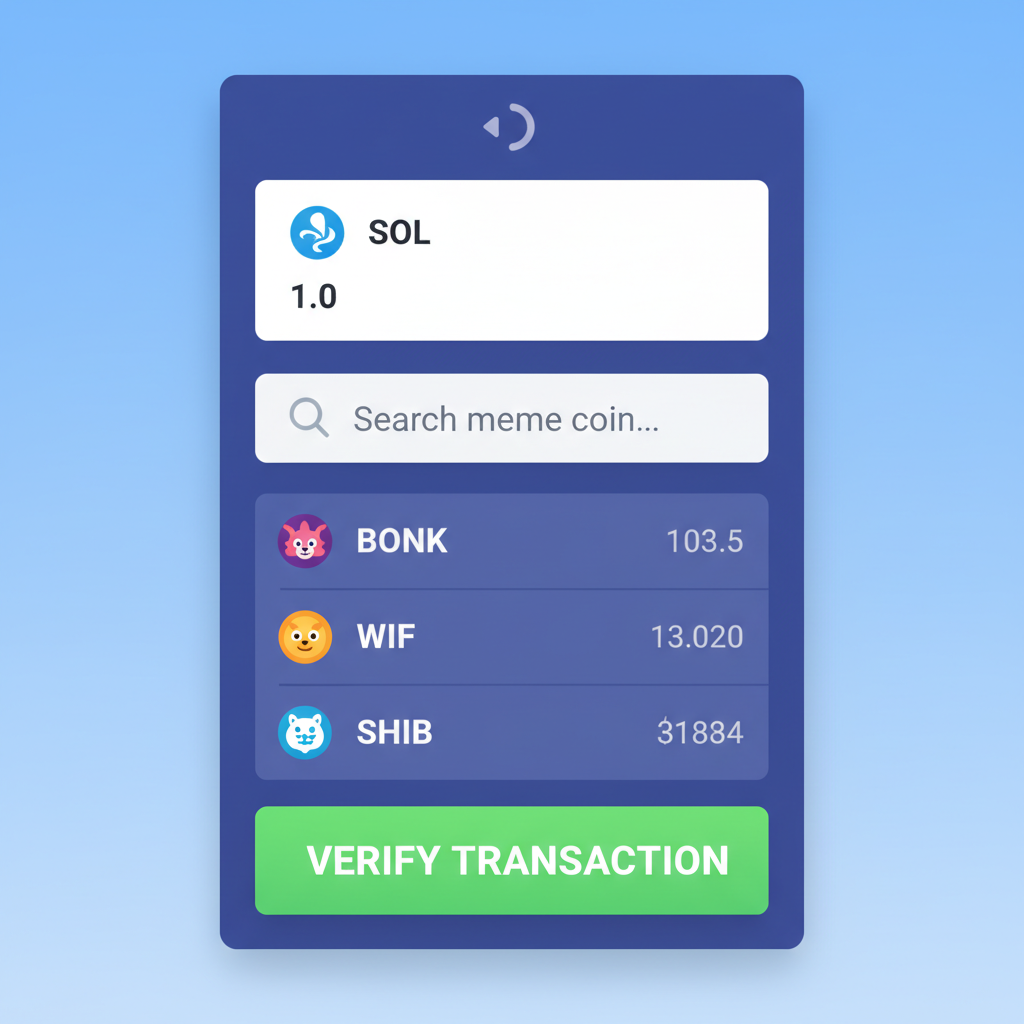 Jupiter swap interface with SOL input and meme coin search, verify button highlighted