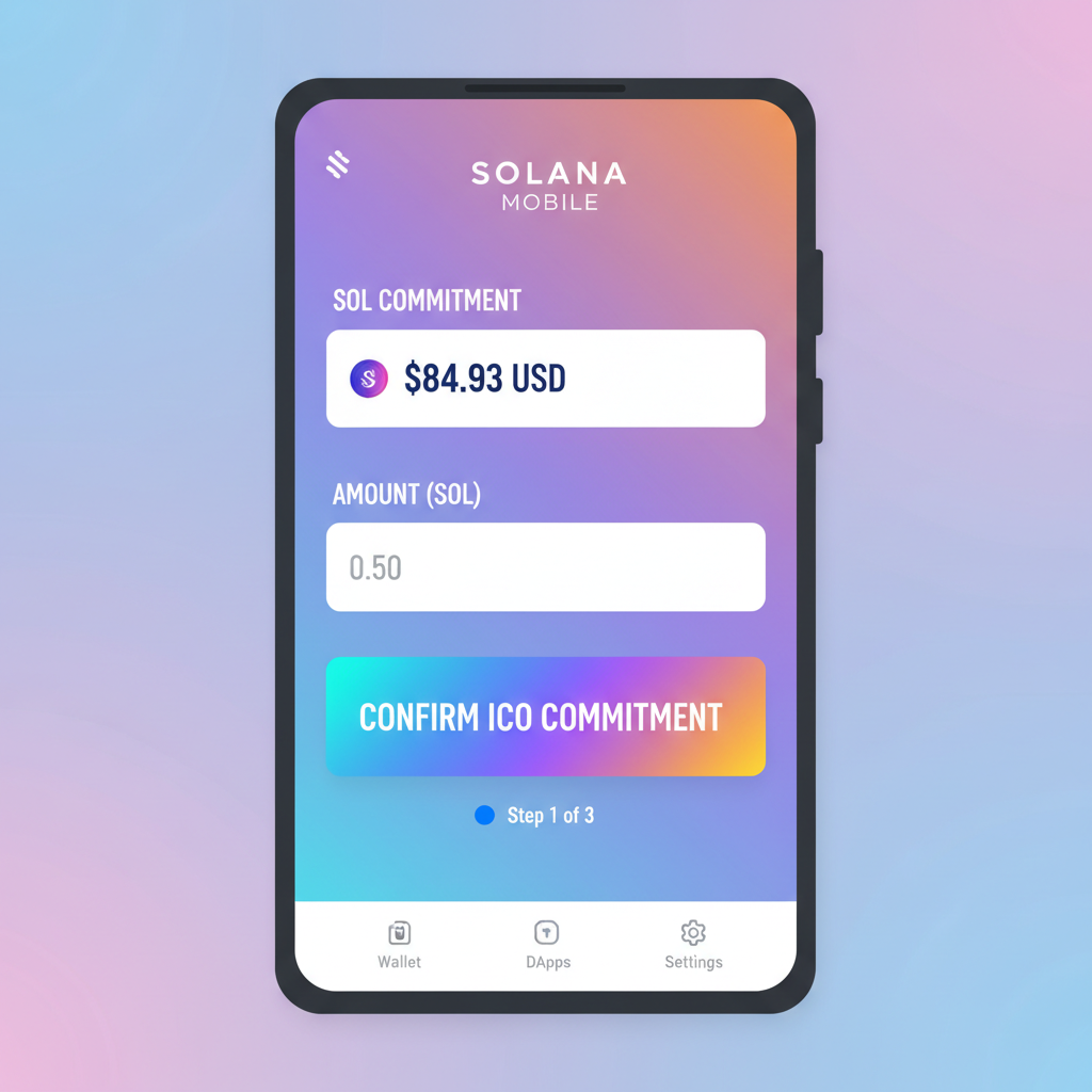 Saga phone screen with SOL commit input field showing $84.93 price, ICO commitment button, vibrant Solana colors