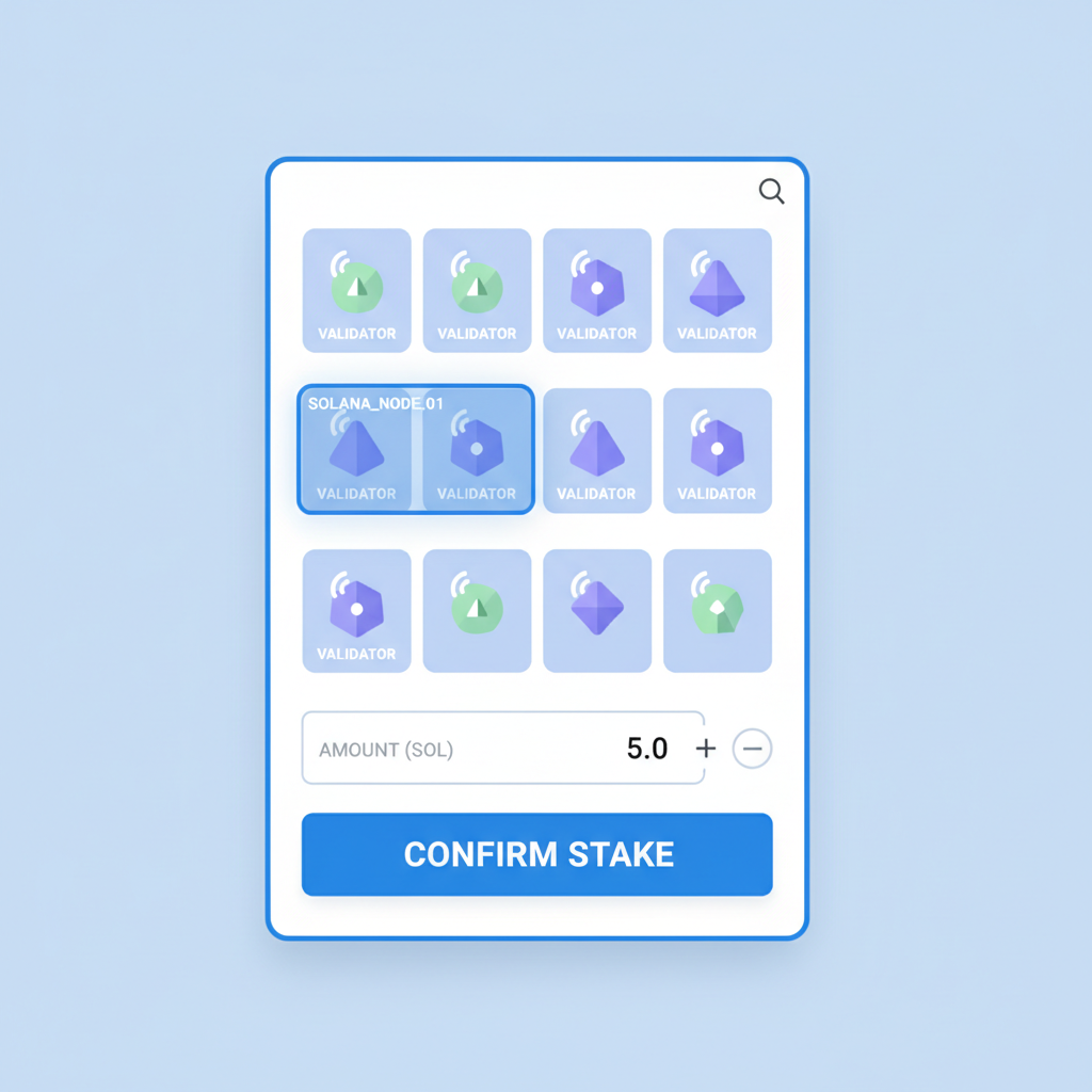 Phantom staking interface selecting validator, SOL amount input, confirmation button