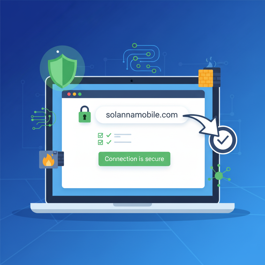 secure laptop screen showing solanamobile.com with green padlock and verification checkmarks, cyber security theme