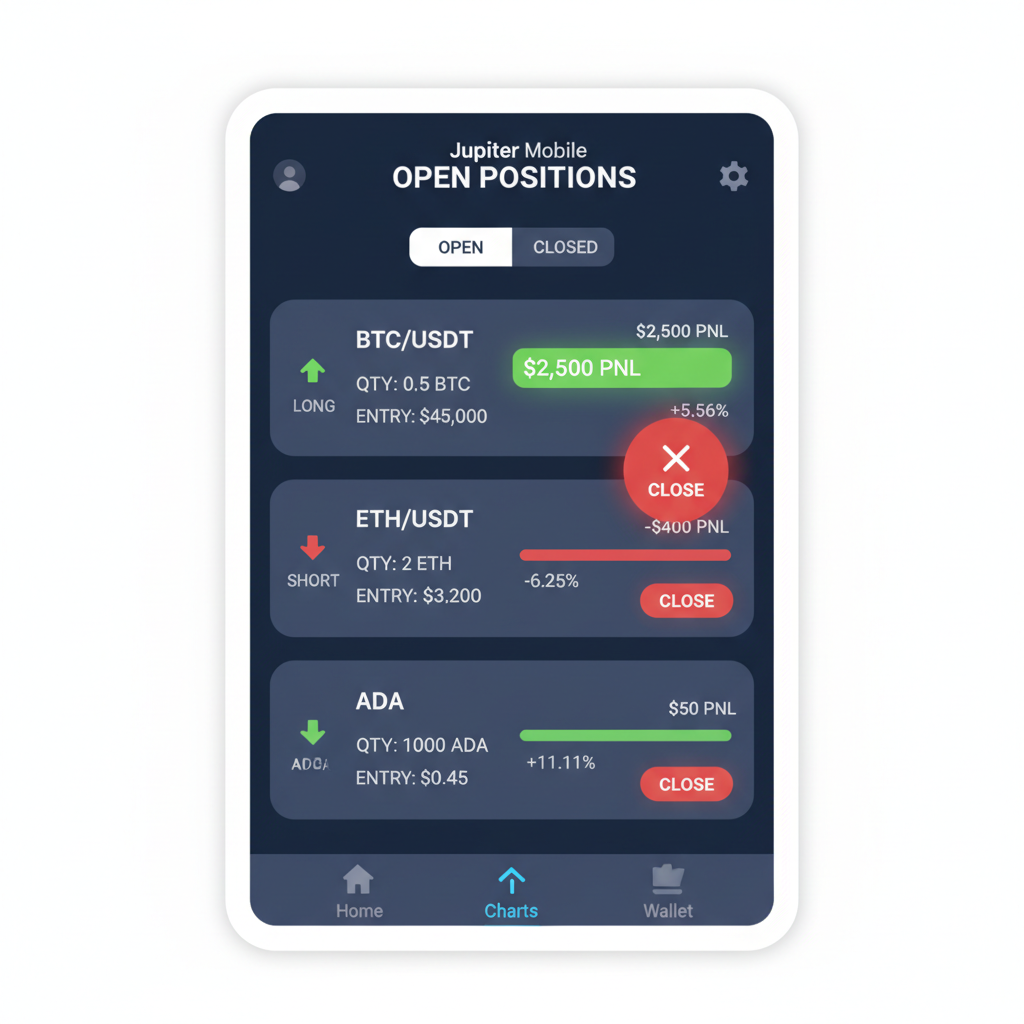 Open positions list on Jupiter Mobile, PNL green/red bars, close button active