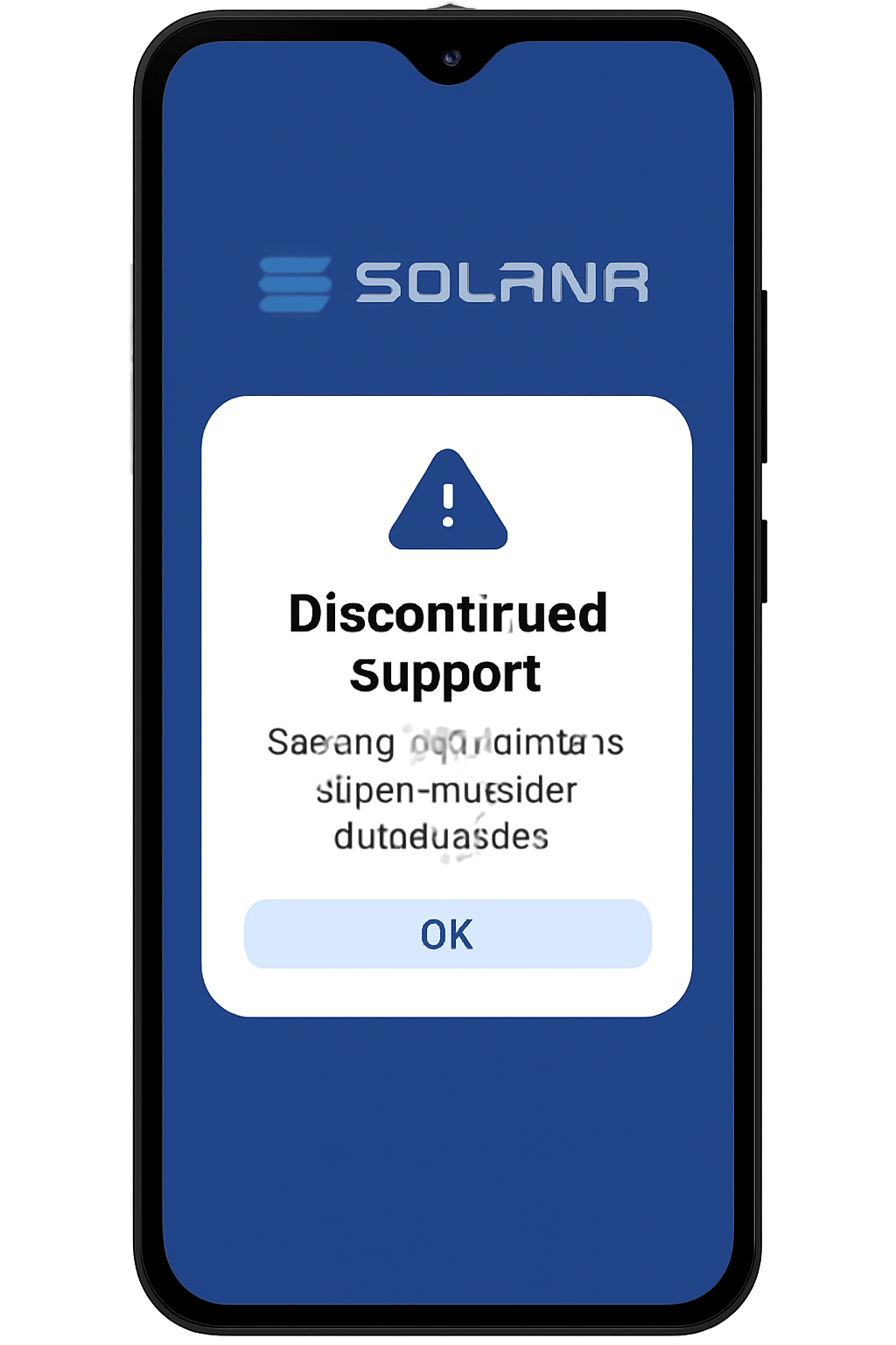Solana Saga phone screen with warning popup about discontinued support, clean UI, blue Solana theme