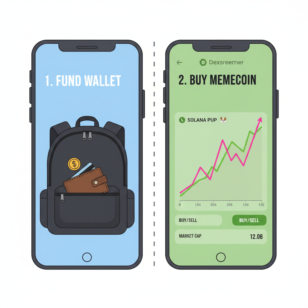 Mobile screen split: Backpack wallet and Dexscreener showing new Solana memecoin chart