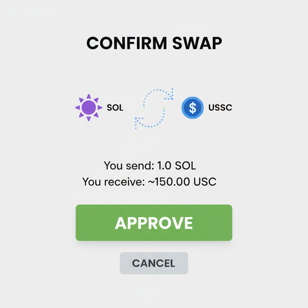 Swap confirmation screen, green approve button, SOL to USDC flow animation
