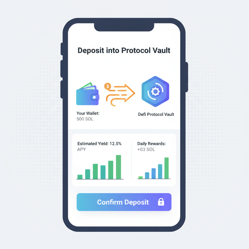 DeFi deposit screen on mobile wallet, SOL flowing into protocol vault, yield percentage graphs
