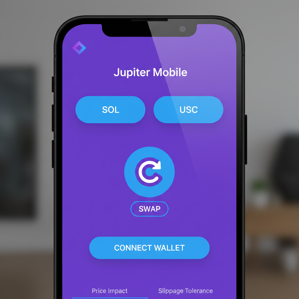 Close-up Solana phone screen with Jupiter Mobile app open, vibrant purple UI, swap interface teaser