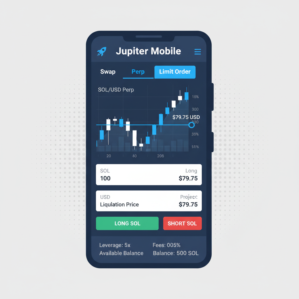 Jupiter Mobile app on Solana Saga selecting SOL perp at $79.75 price chart, trading interface closeup