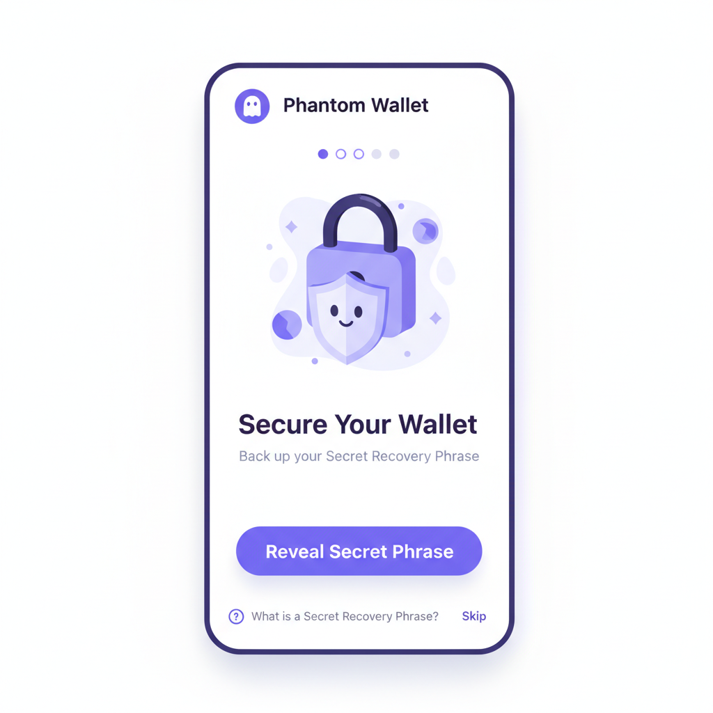 Phantom wallet setup screen on mobile, seed phrase backup prompt, simple interface