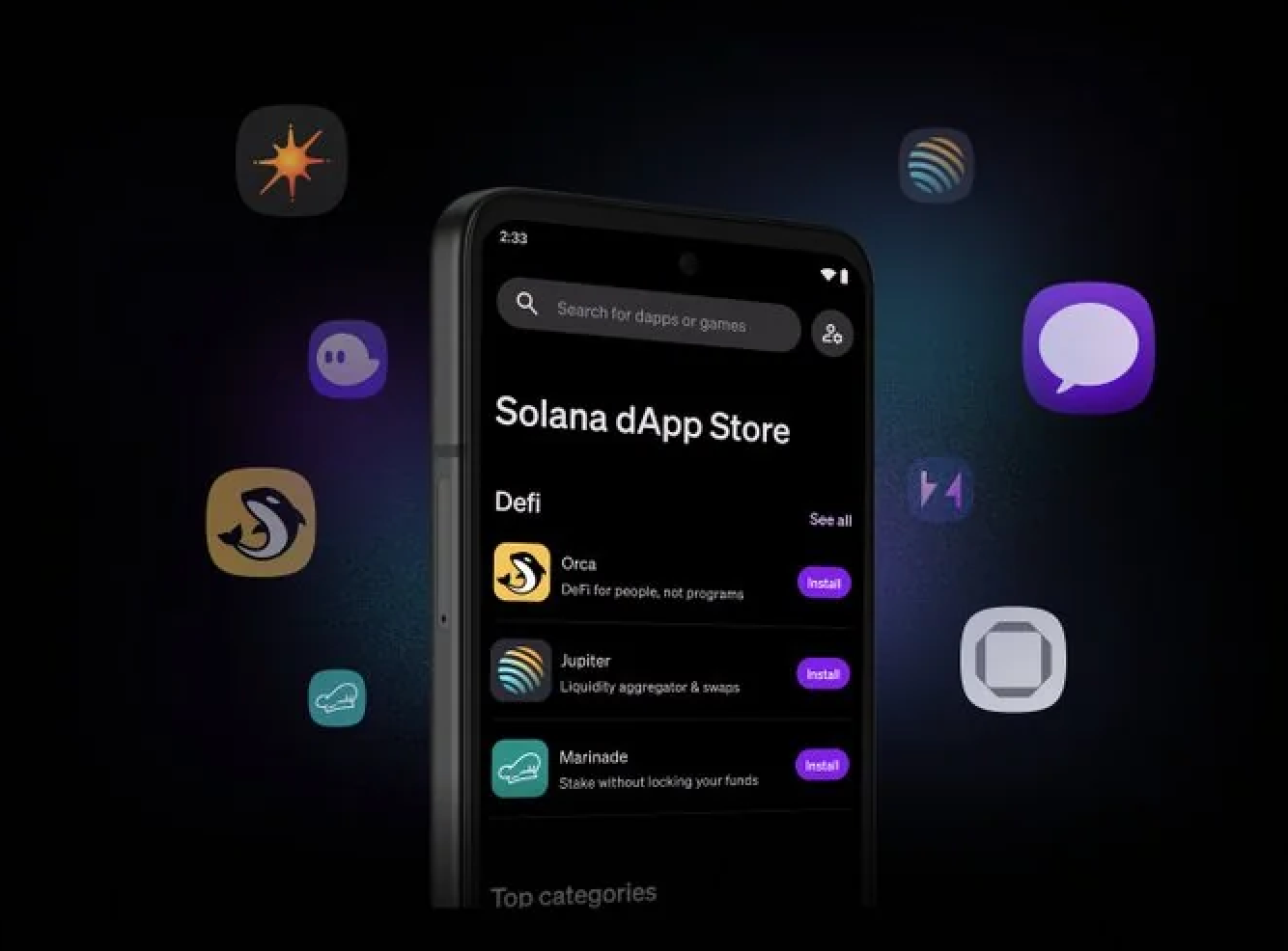 Close-up of Solana Saga smartphone displaying Seed Vault and dApp Store interface for secure Web3 crypto management