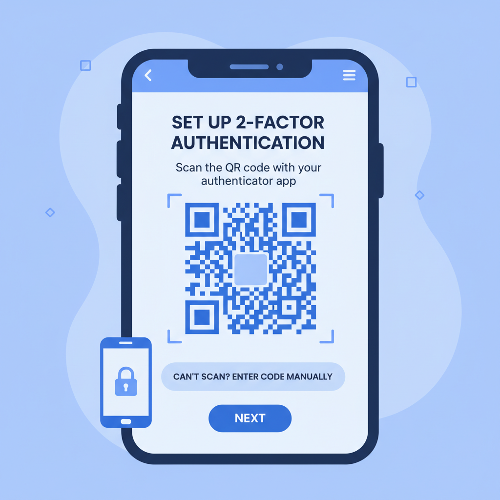 smartphone screen enabling 2FA with authenticator app QR code scan, clean blue tones