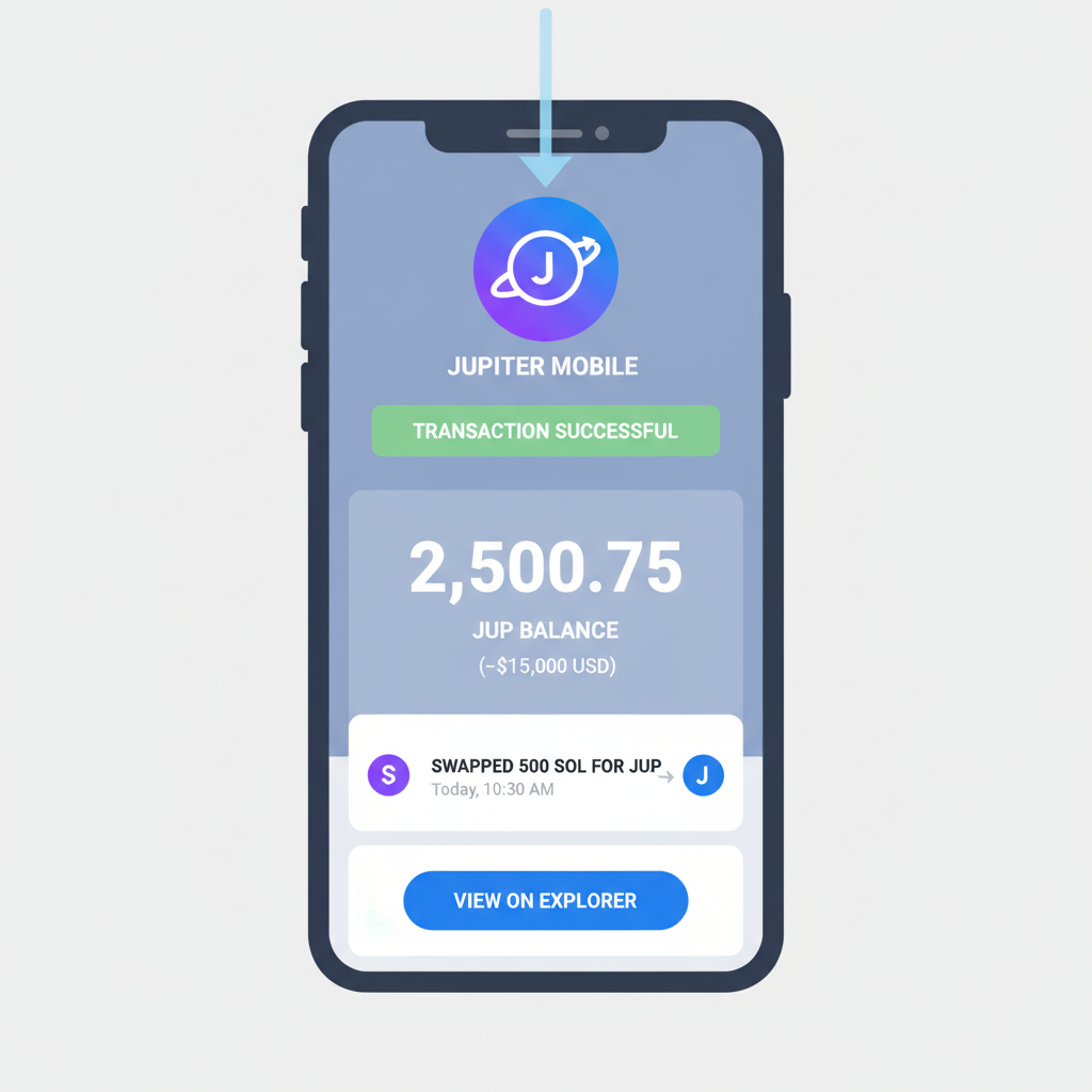 Jupiter Mobile wallet screen displaying updated JUP balance post-SOL swap