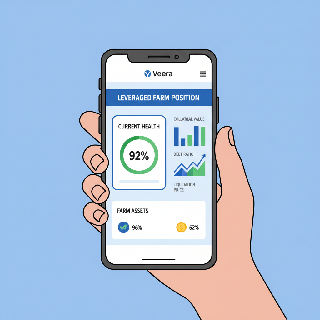 Veera dashboard monitoring leveraged farm position, health charts on Saga phone