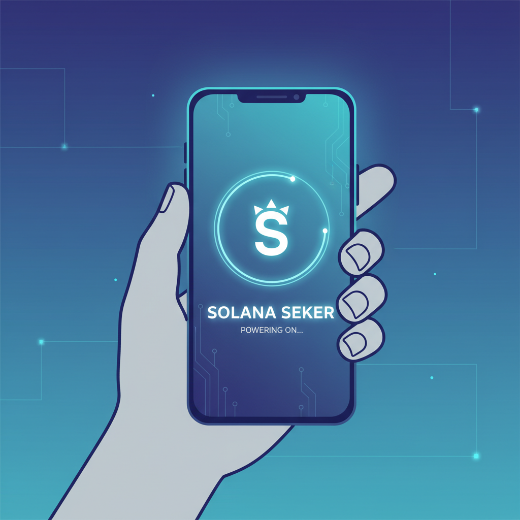 Solana Seeker smartphone powering on, glowing futuristic screen held in hand --ar 16:9