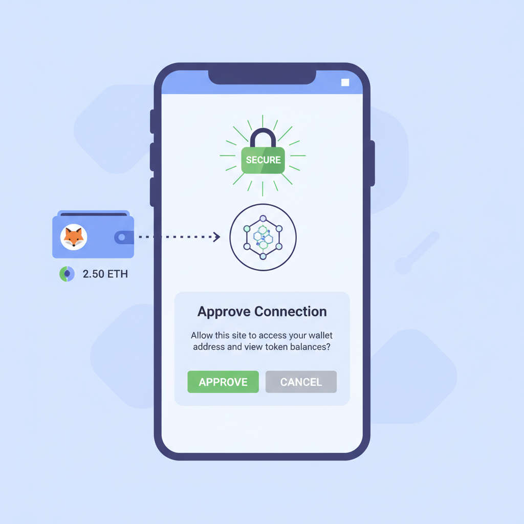 wallet connecting to DEX on phone, approval popup, secure connection graphic