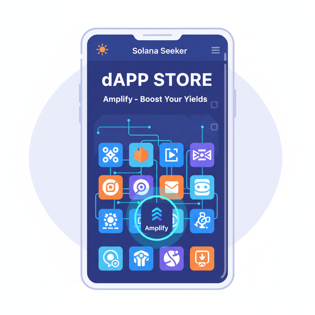 Solana Seeker phone screen displaying dApp Store with Amplify app highlighted, futuristic crypto interface