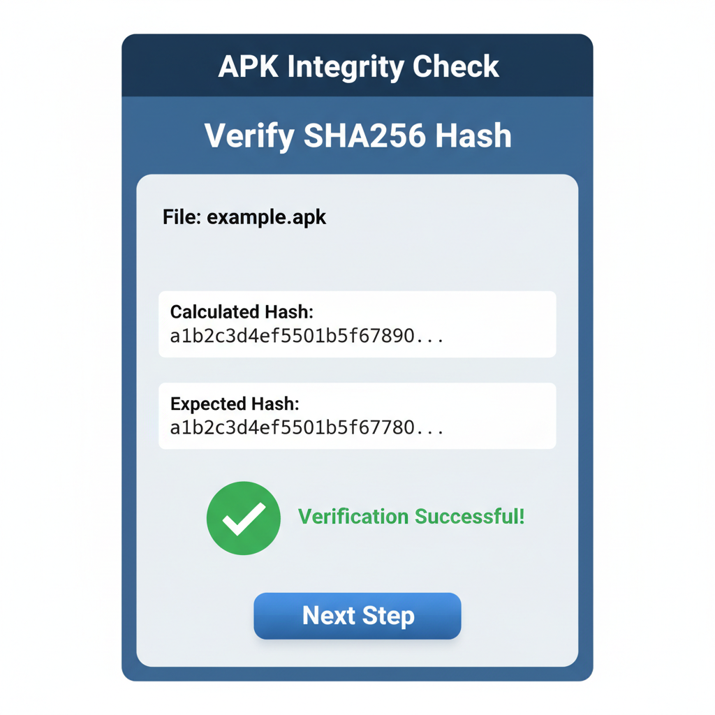 Mobile app screen showing SHA256 hash verification for APK, green checkmark, technical UI