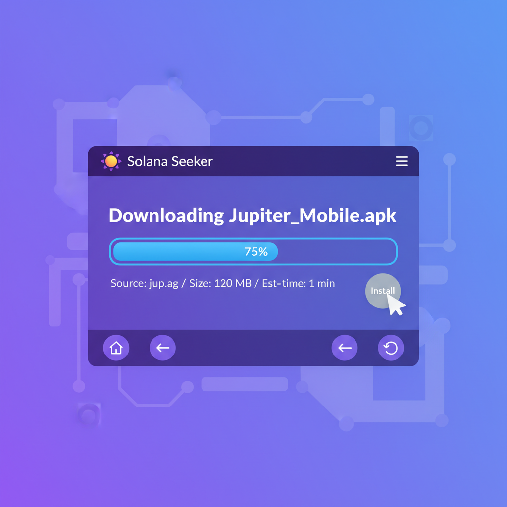 Solana Seeker screen browser downloading Jupiter Mobile APK file, Solana blockchain theme