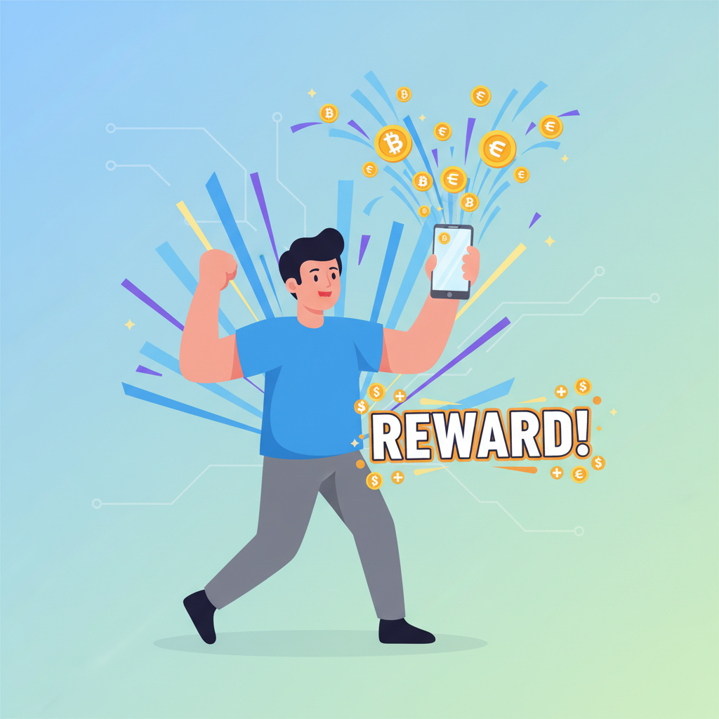 User fist-pumping with phone erupting reward coins, explosive crypto effects --ar 16:9