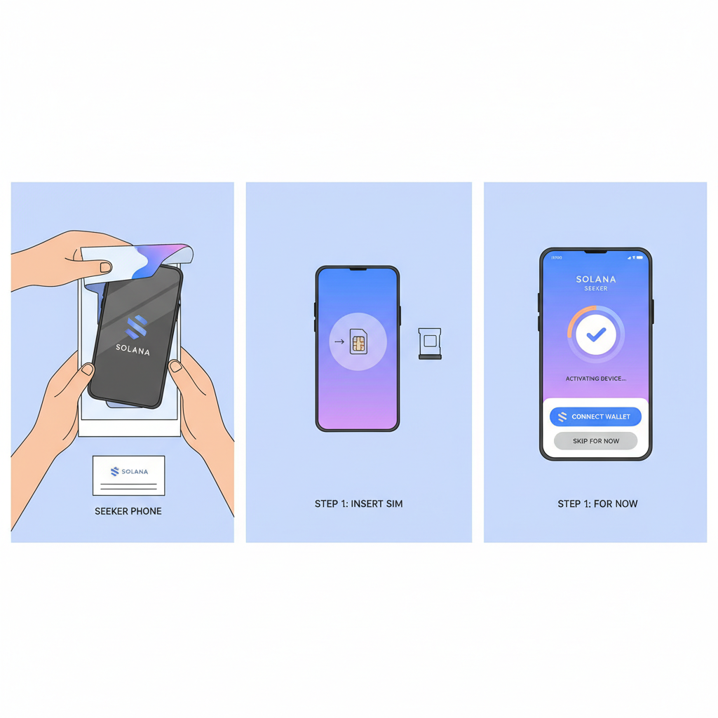 solana seeker phone unboxing and activation screen, sleek modern smartphone