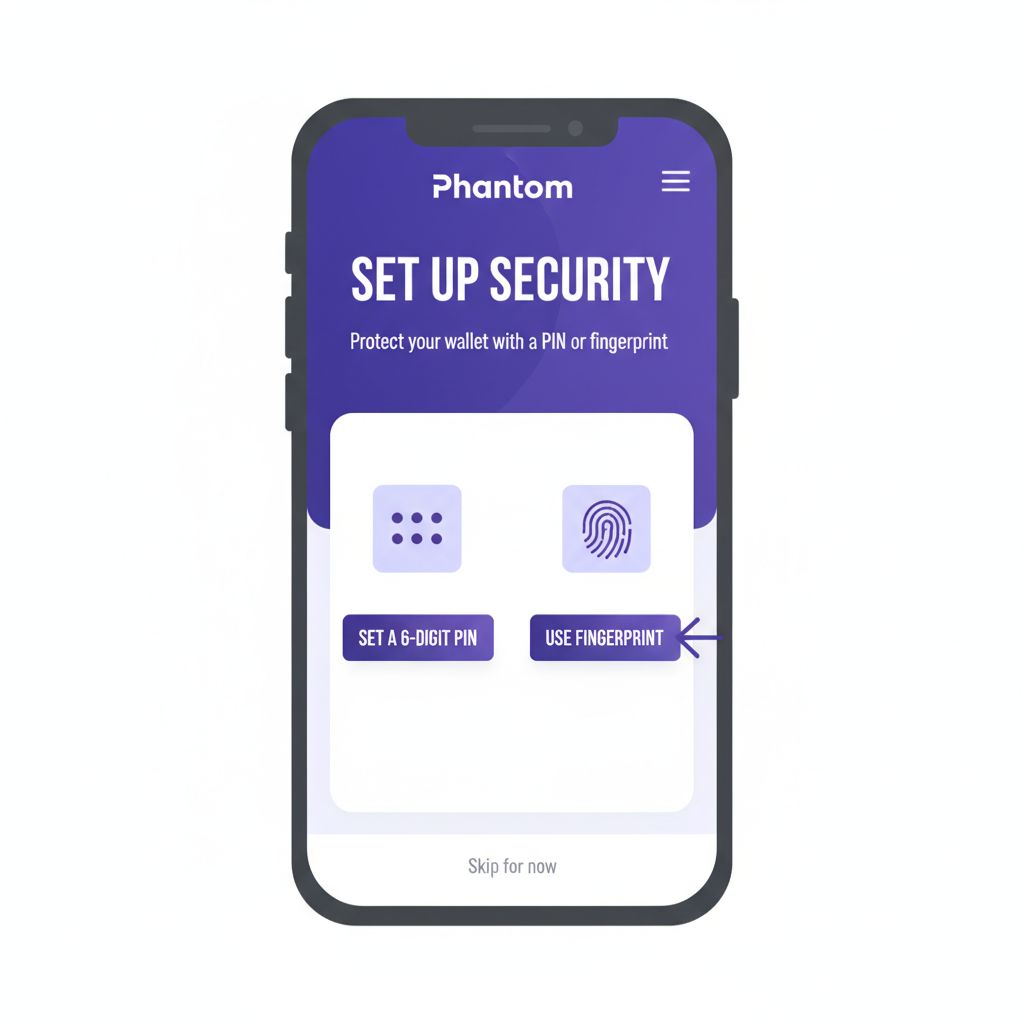 PIN setup or fingerprint authentication screen in Phantom wallet on Saga phone