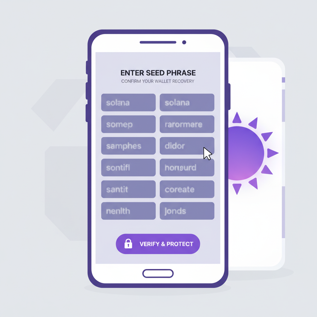 Closeup secure seed phrase entry interface on Solana Seeker phone, obscured text for privacy