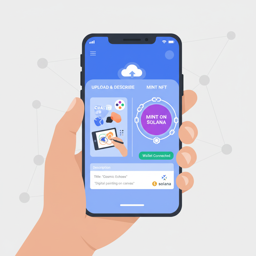 NFT minting process on Seeker phone, digital art creation, Solana blockchain mint button