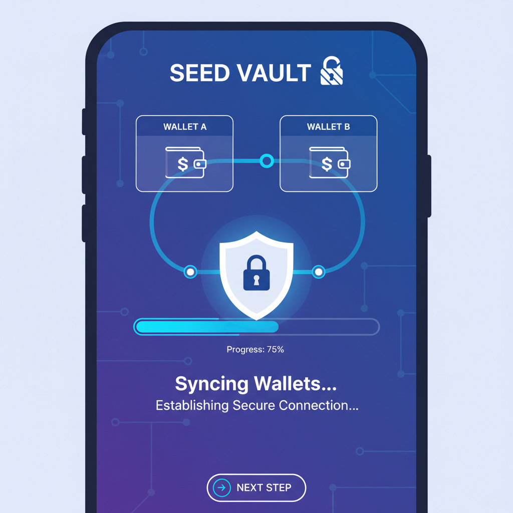 Close-up of phone screen syncing Solana wallets in Seed Vault, progress bar, secure lock icon, blue Solana theme