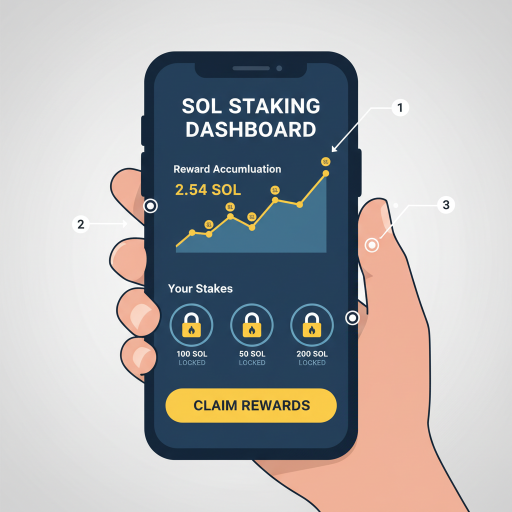SOL staking dashboard on phone, reward accumulation chart, locked SOL icons