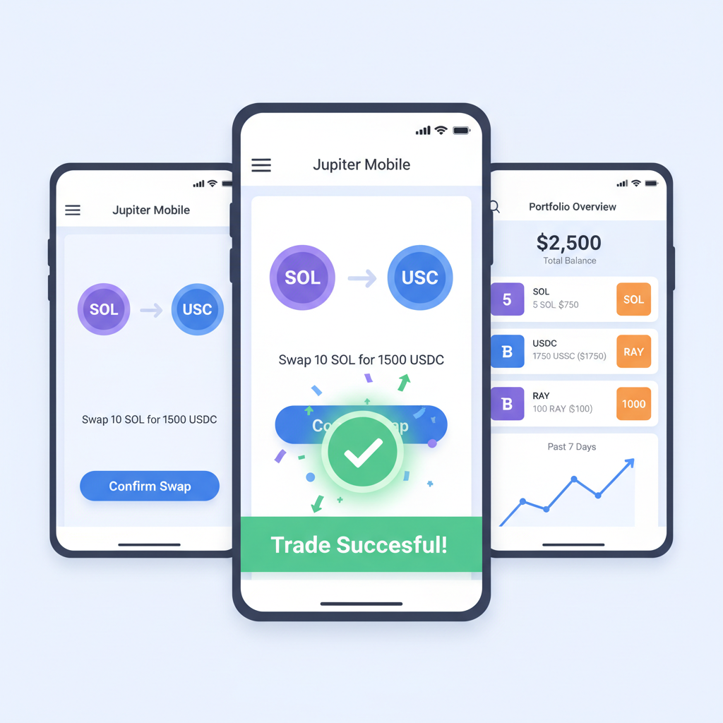 Confirm swap button on Jupiter mobile, successful trade animation, portfolio overview