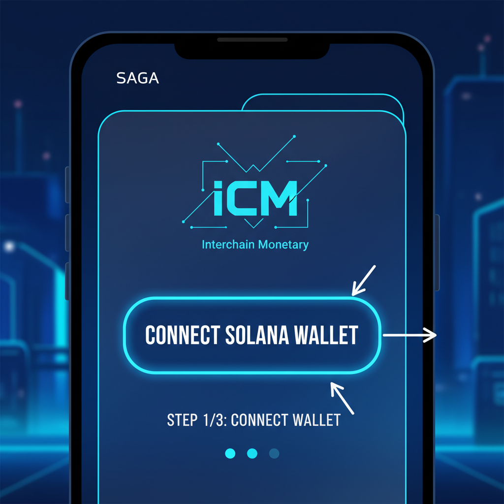 Saga phone screen showing Solana wallet connect button, futuristic ICM UI, neon blue accents