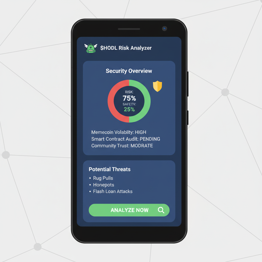 Mobile Backpack app on Saga phone analyzing $HODL memecoin risks, security dashboard