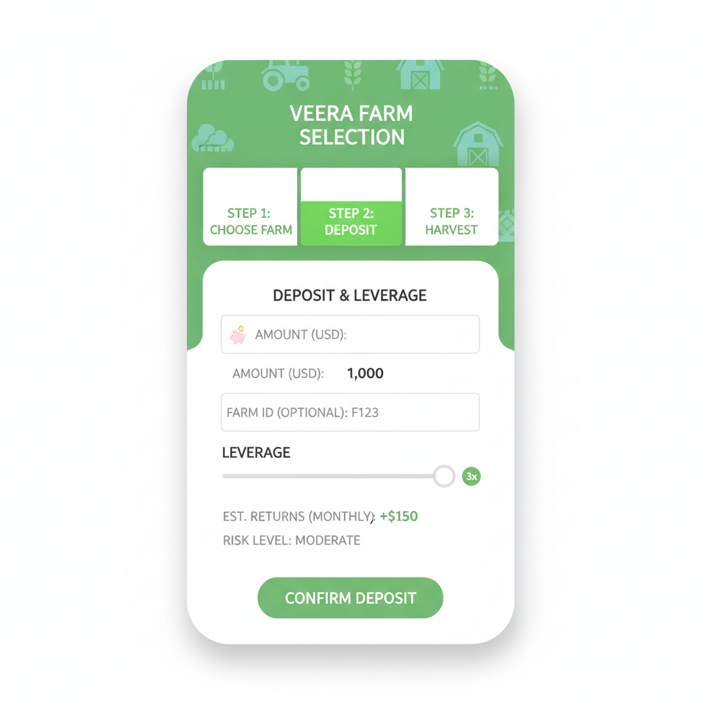 Veera farm selection screen with deposit form, leverage slider, mobile-friendly