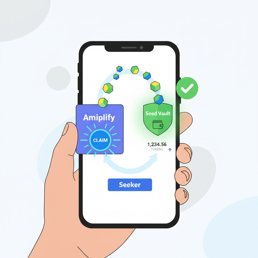 Claim button pressed on Amplify, tokens flowing to Seed Vault wallet on Seeker phone screen