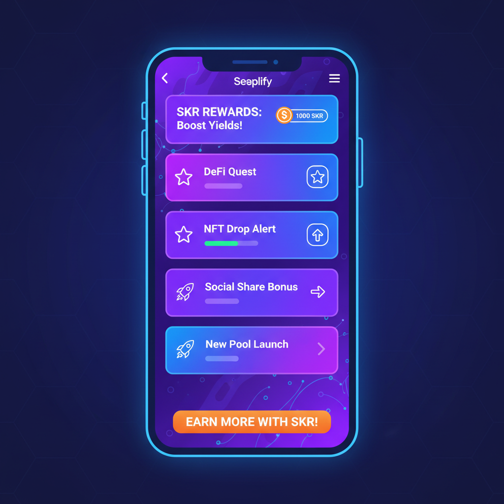 Amplify app on Seeker phone showing vibrant campaign list with SKR rewards, neon Solana theme