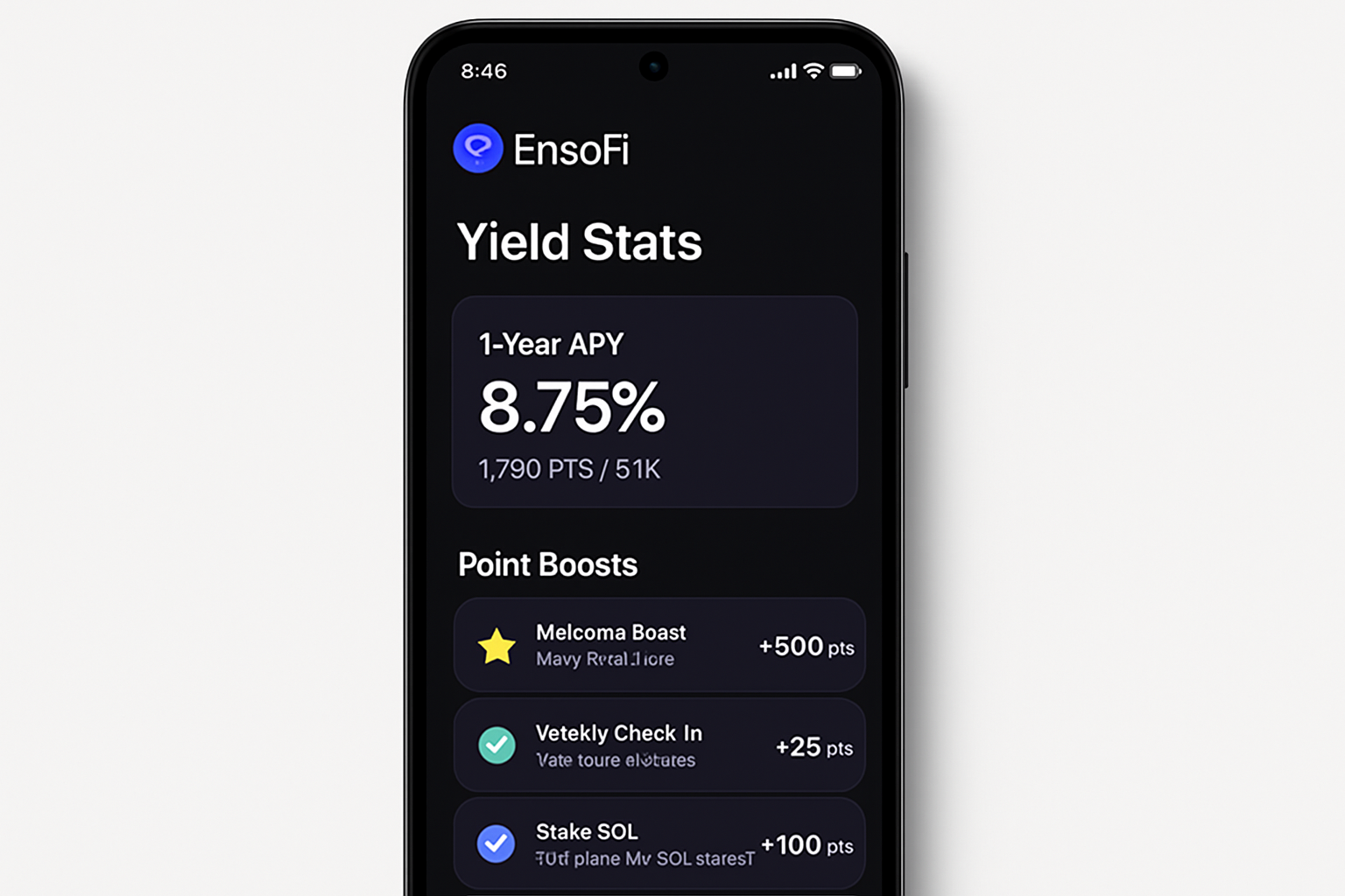 Solana Saga phone showcasing EnsoFi mobile app interface with DeFi yield stats and point boosts visible on the screen