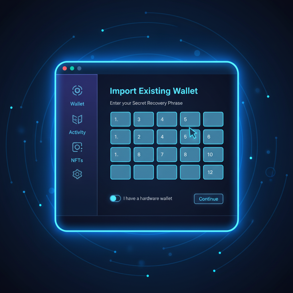 phantom wallet interface importing solana seed phrase on desktop, neon blue glow