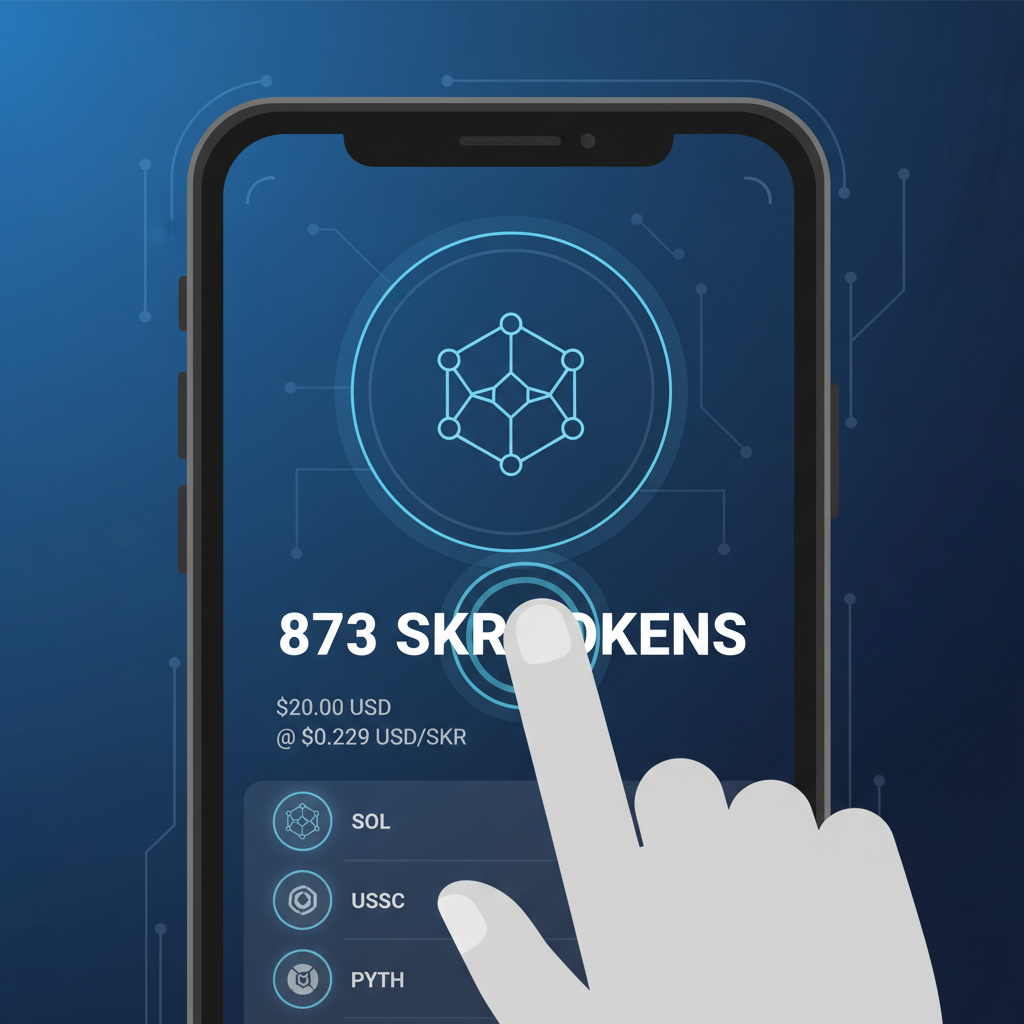 Close-up Saga phone Backpack Wallet UI selecting $SKR token balance, showing 873 tokens and $20 equivalent at $0.0229, glowing token icons, technical HUD overlay