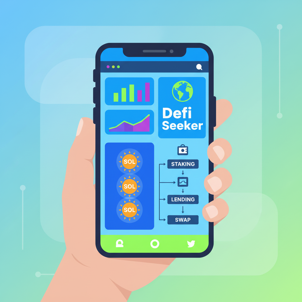 seeker phone running defi apps, charts and solana logos vibrant