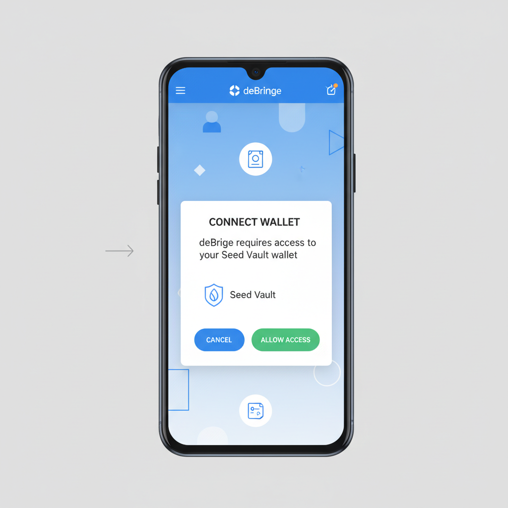 Saga phone deBridge app showing Seed Vault wallet connection prompt