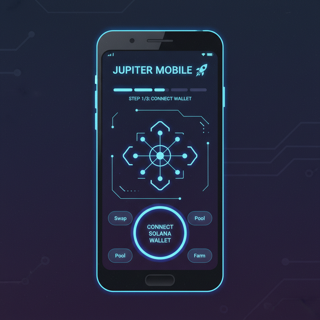 Saga phone screen with Jupiter Mobile app open, futuristic Solana UI, cyberpunk glow