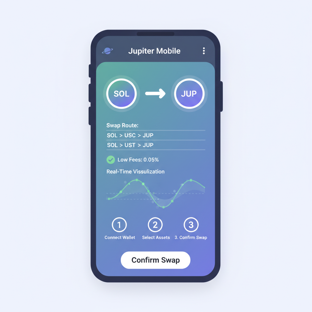 Jupiter Mobile screen showing SOL to JUP swap routes, low fees, real-time visualization