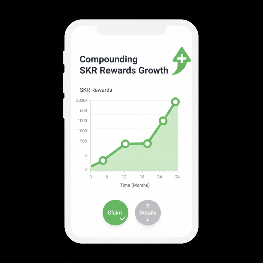 Growth chart of compounding SKR rewards over time on mobile dashboard, upward arrow trend