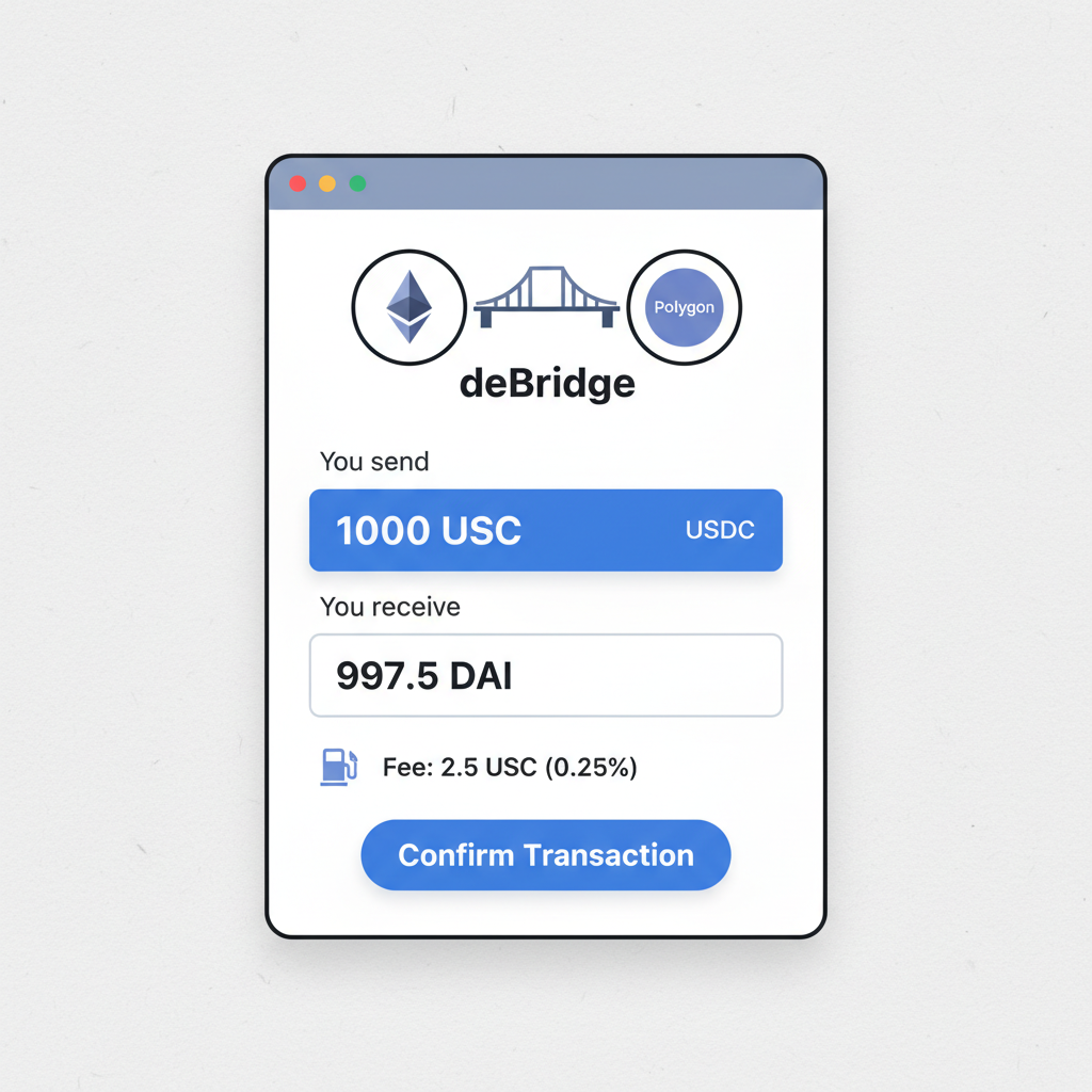 deBridge bridge screen with entered amount and fee preview