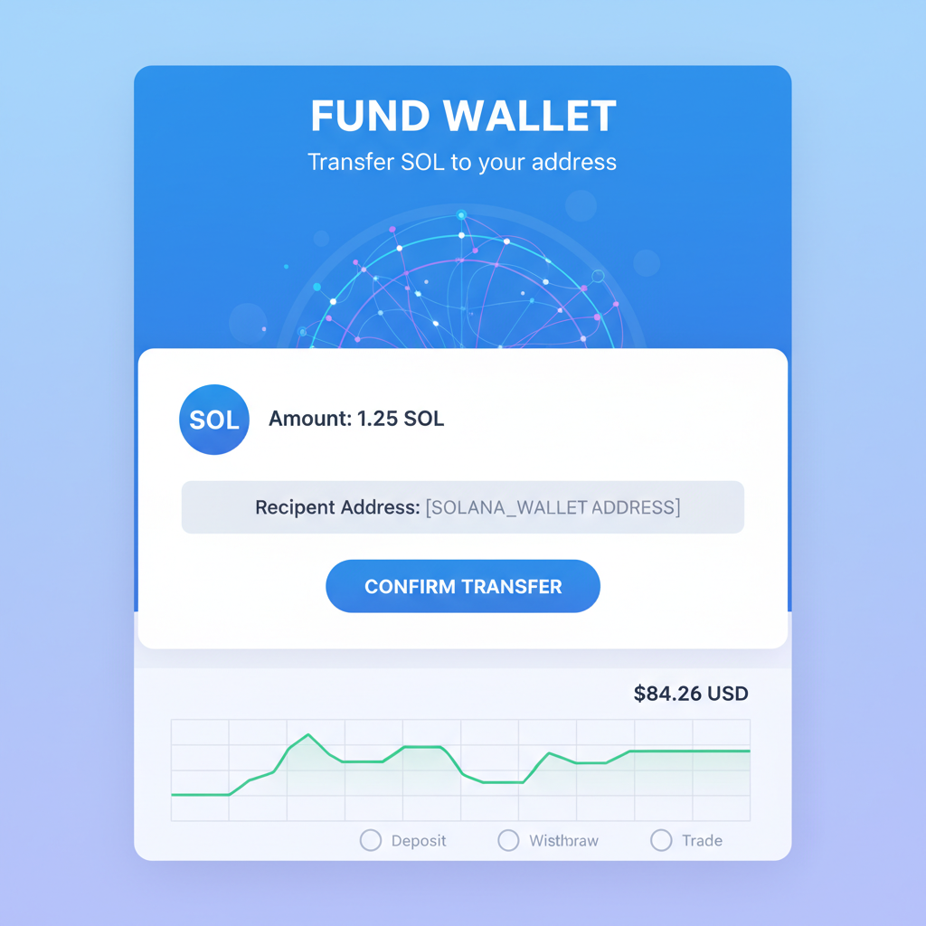 Wallet funding screen with SOL transfer, price chart at $84.26, Solana network animation