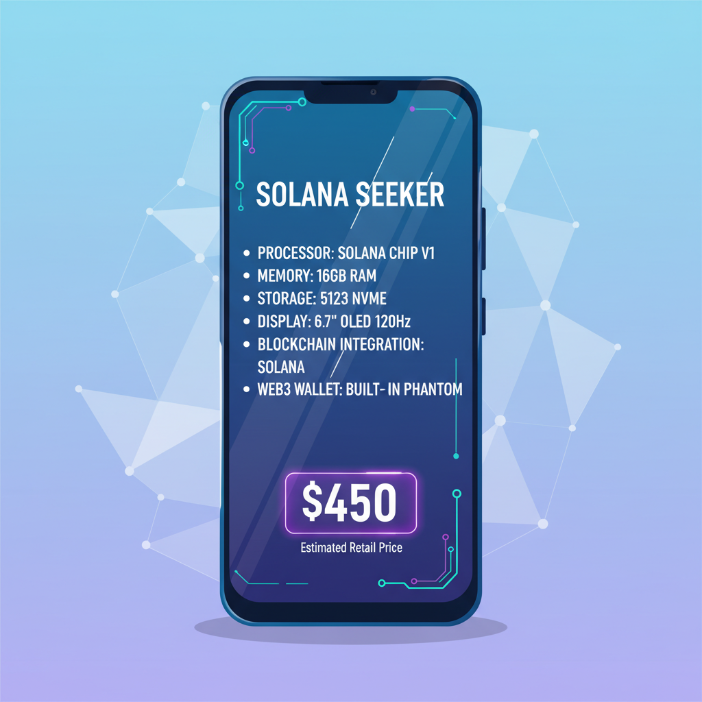 sleek Solana Seeker phone specs on screen with $450 price tag, futuristic web3 design