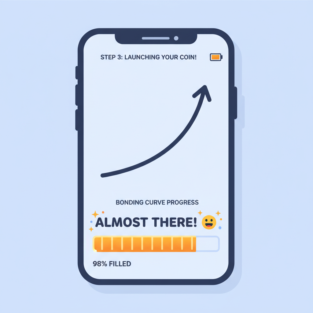 Mobile chart of Pump.fun bonding curve filling up, progress bar nearing completion, excited UI