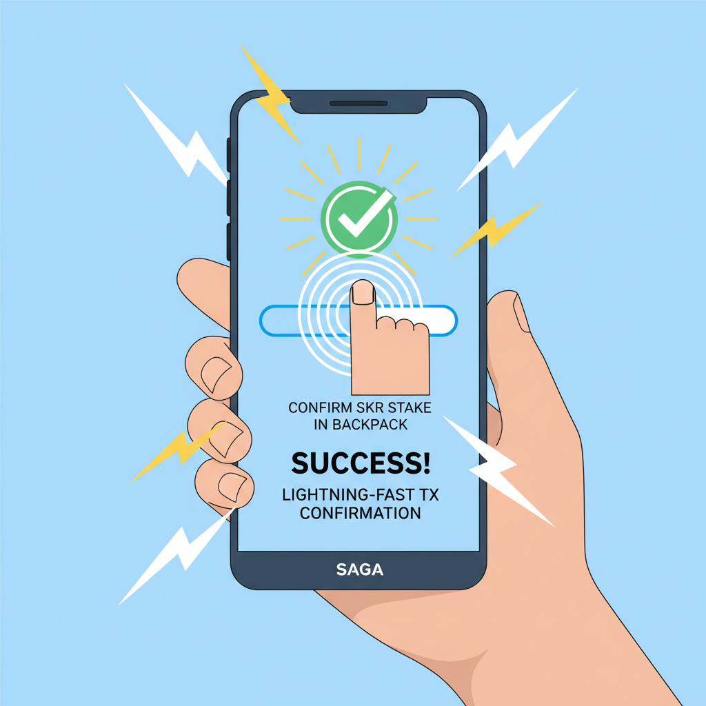 Dynamic Saga phone gesture: thumb sliding to confirm SKR stake in Backpack, haptic ripple effect, success animation, lightning-fast tx confirmation