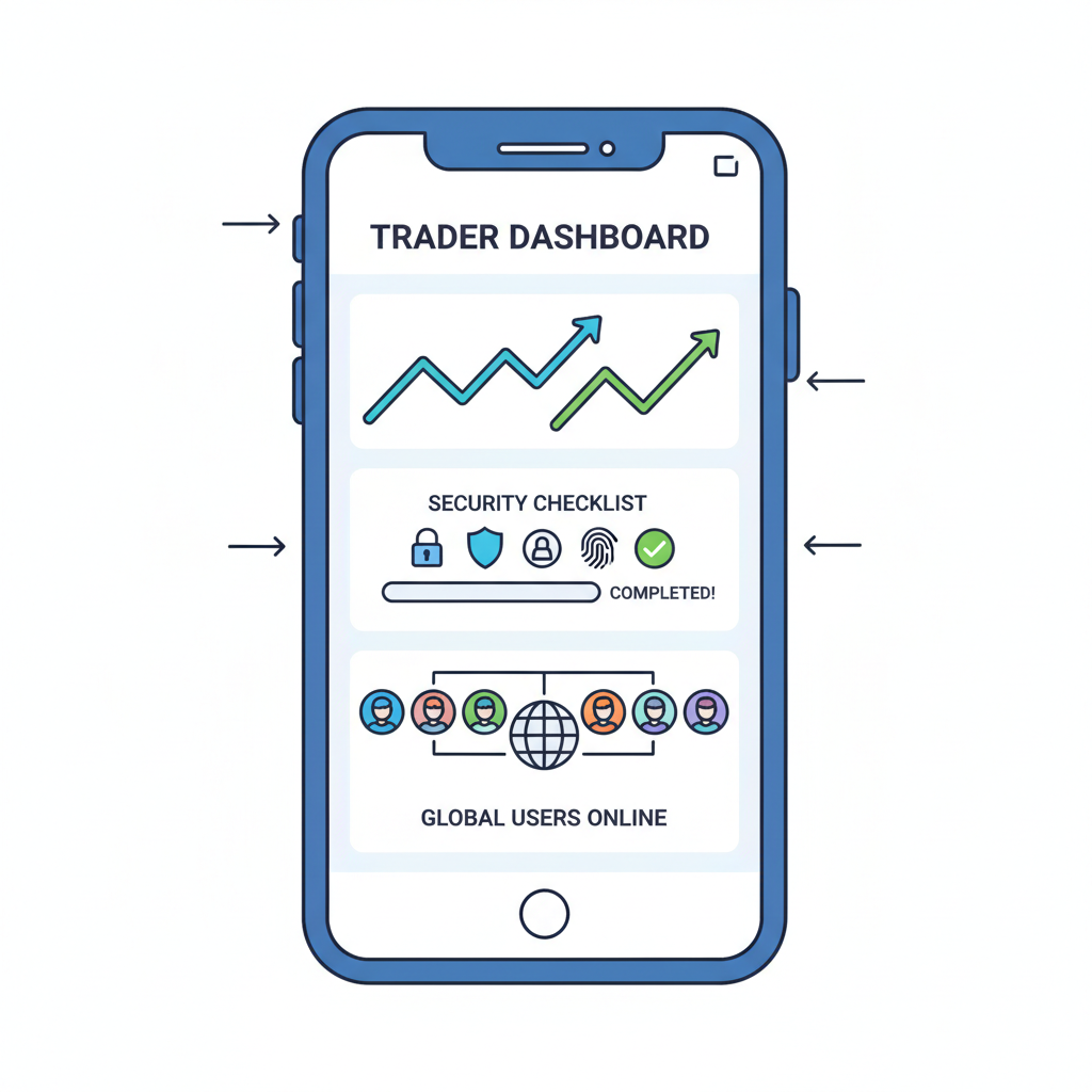 trader dashboard on mobile, charts, security checklist, global user icons