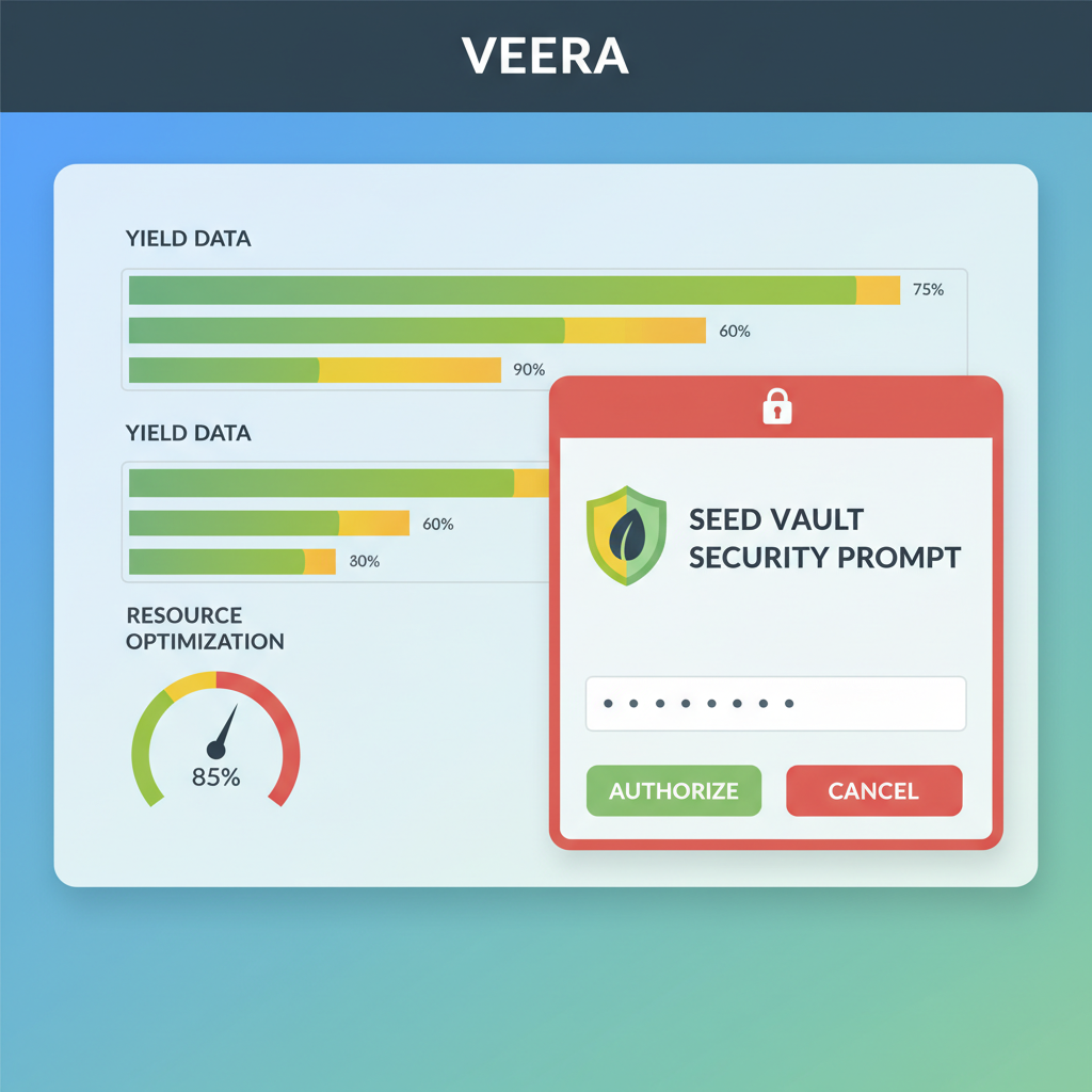 Veera monitoring dashboard with yield charts and Seed Vault security prompt